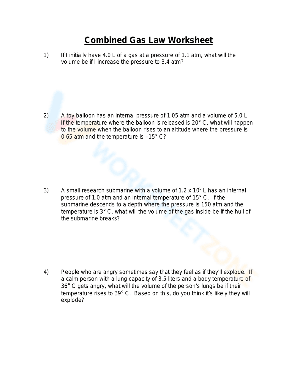 Solve Problems with Combined Gas Law Worksheet - Page 1
