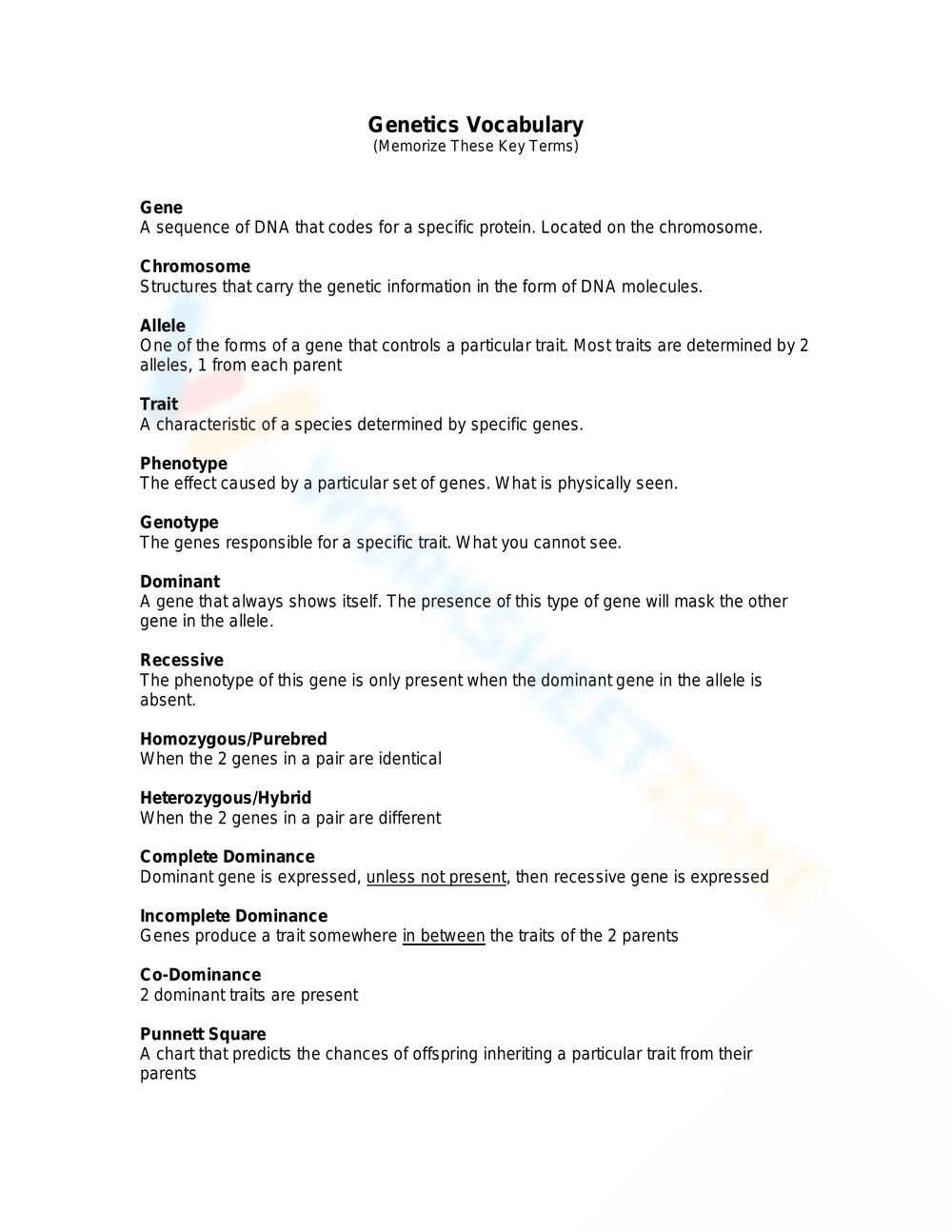 Advanced Genetics Vocabulary Worksheet - Page 1