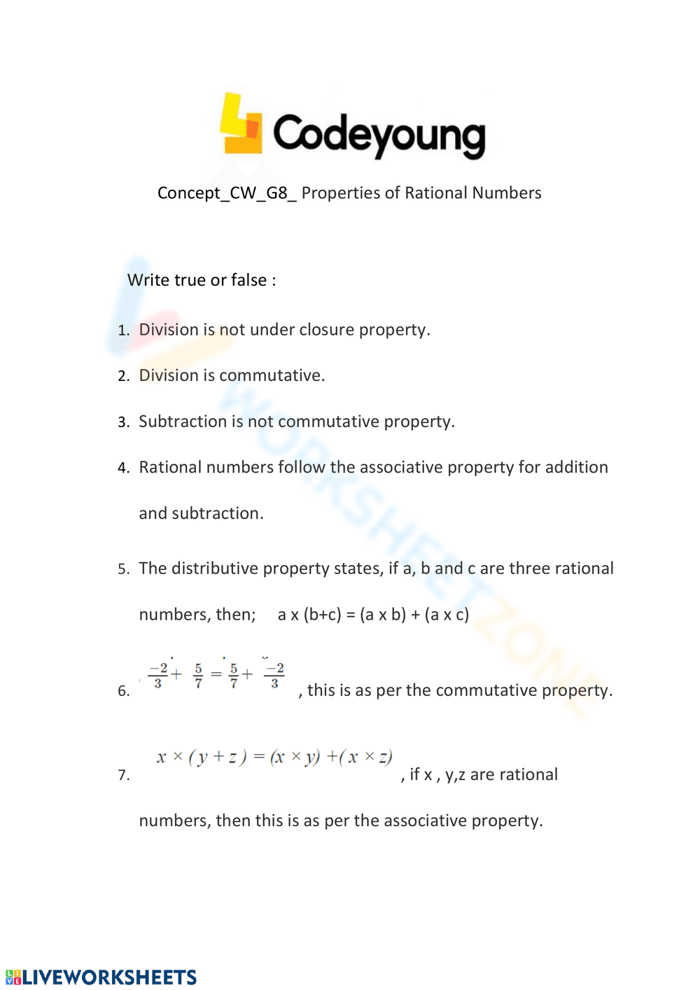 Properties of Rational Numbers Worksheet - Page 1