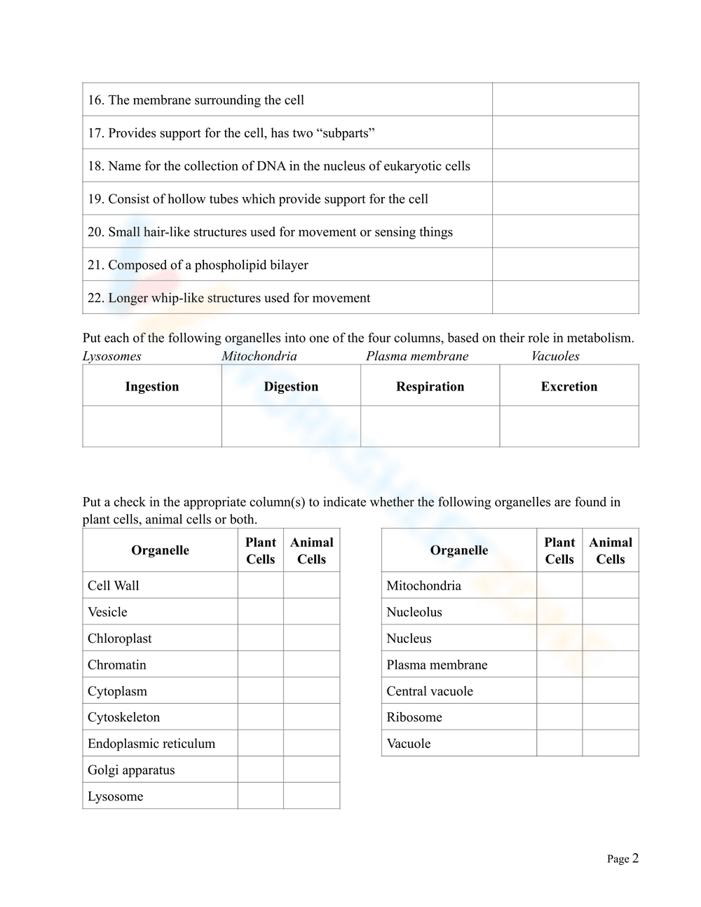 Advanced Cell Organelles Worksheet - Page 2