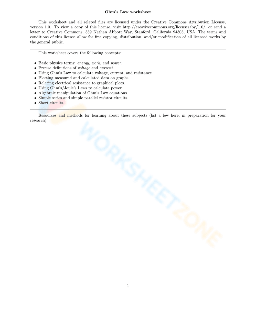 Ohm's Law Worksheet - Page 1