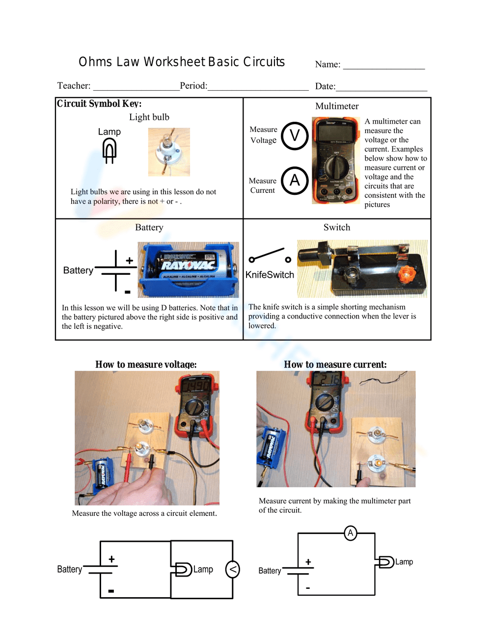 Ohm's Law Worksheet: Basic Circuits - Page 1