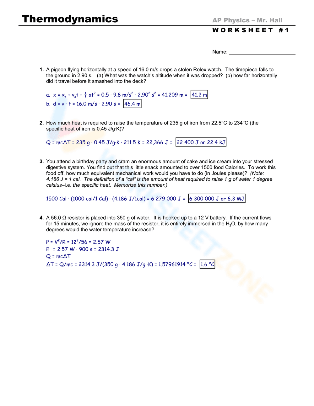 AP Physics Thermodynamics Worksheet with Answers - Page 1