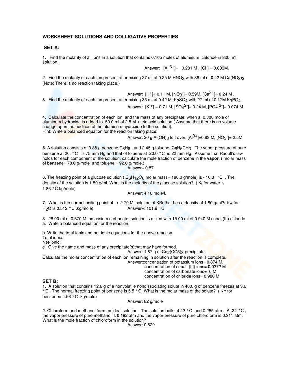 Solutions and Colligative Properties: Worksheet Guide - Page 1
