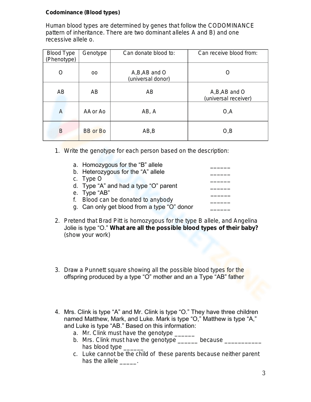 Human Genetics: Codominance Worksheet - Page 3
