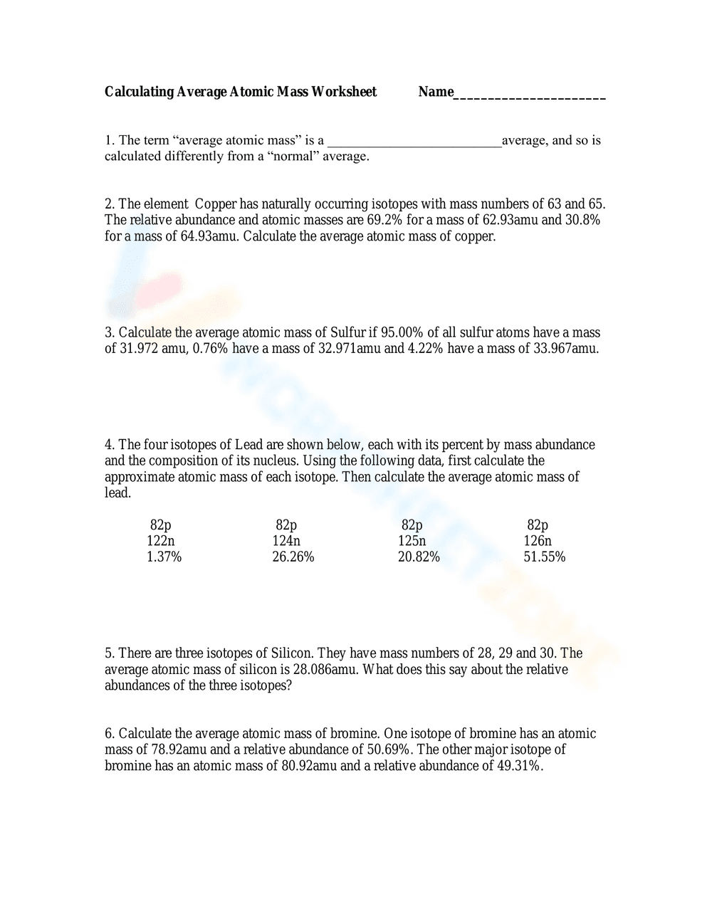 Worksheet Calculating Average Atomic Mass - Page 1