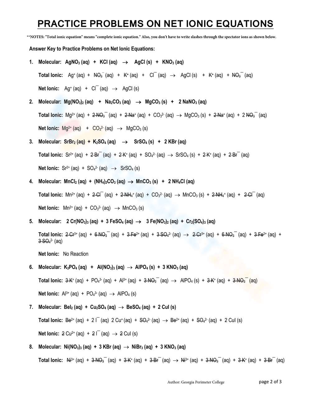 Practice Problems on Net Ionic Equations - Page 1