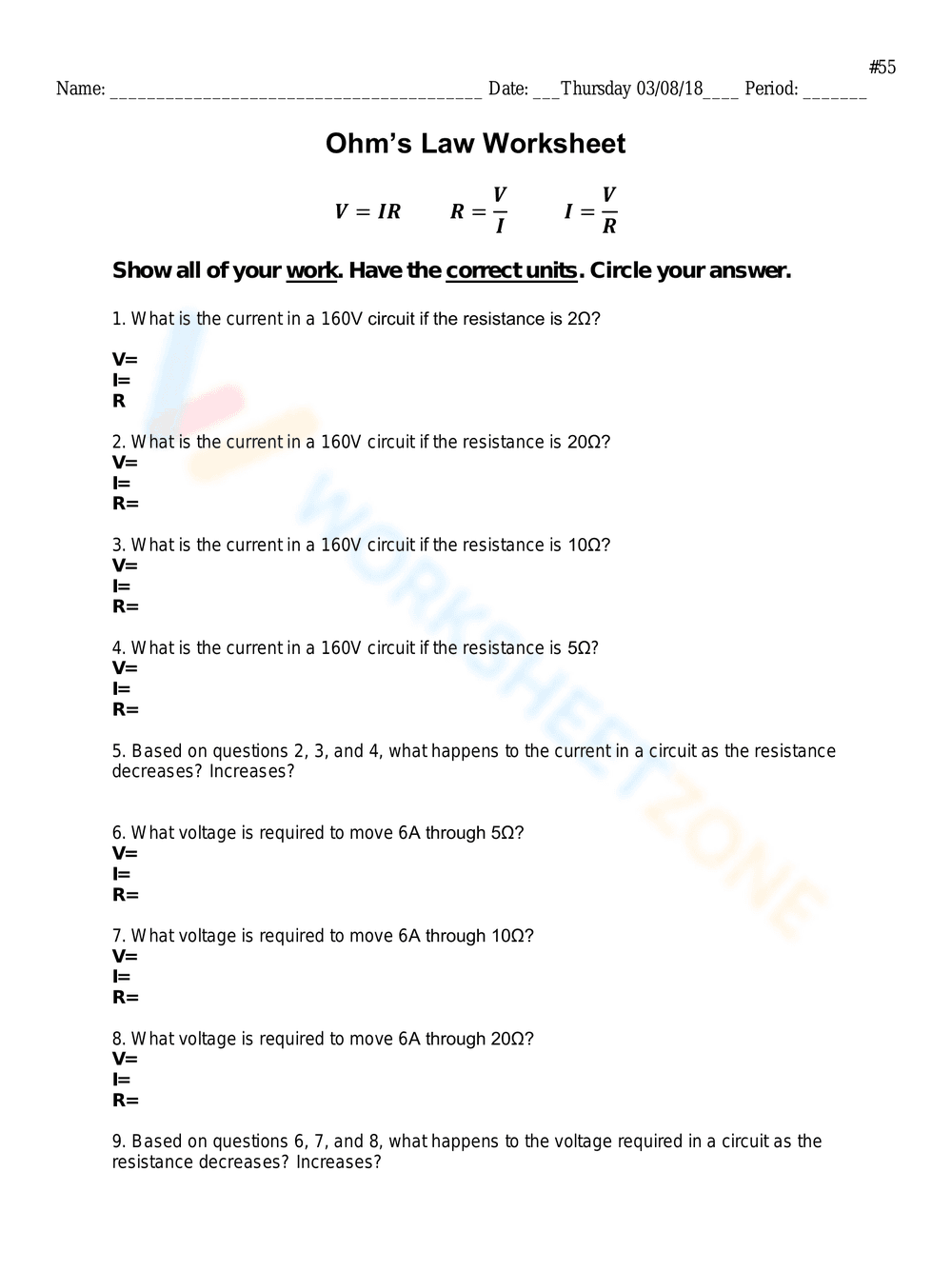 Understanding Ohm's Law Worksheet - Page 1