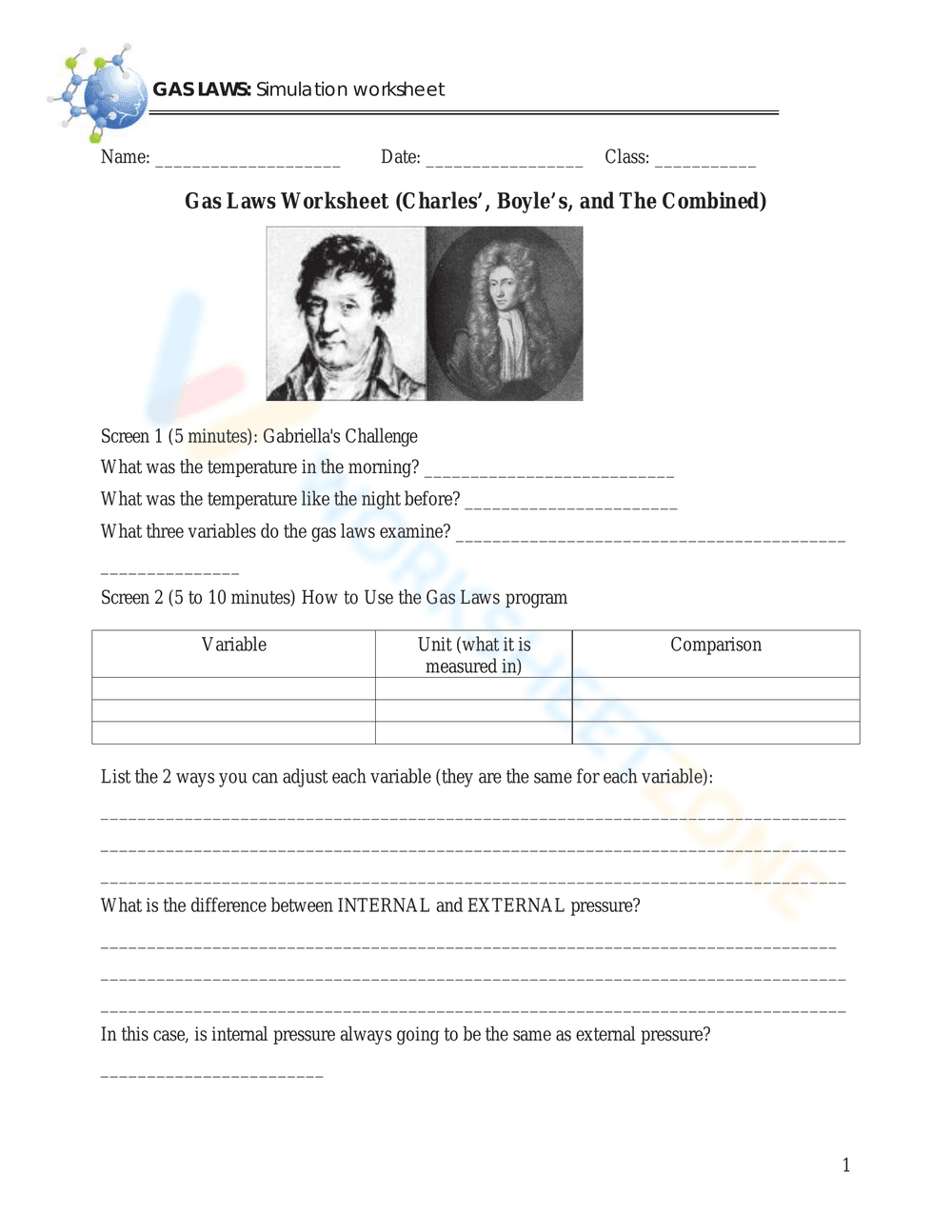 Advanced Charles's Law Worksheet - Page 1
