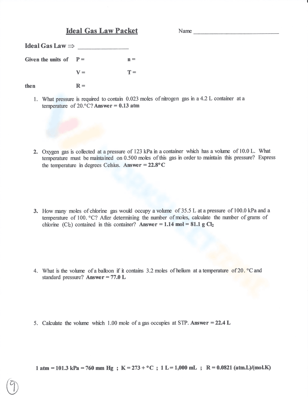 Charles's Law: Gas Laws Chemistry Worksheet - Page 8