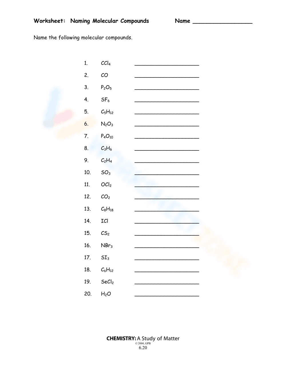 Molecular Compounds Naming: Chemistry Practice - Page 1