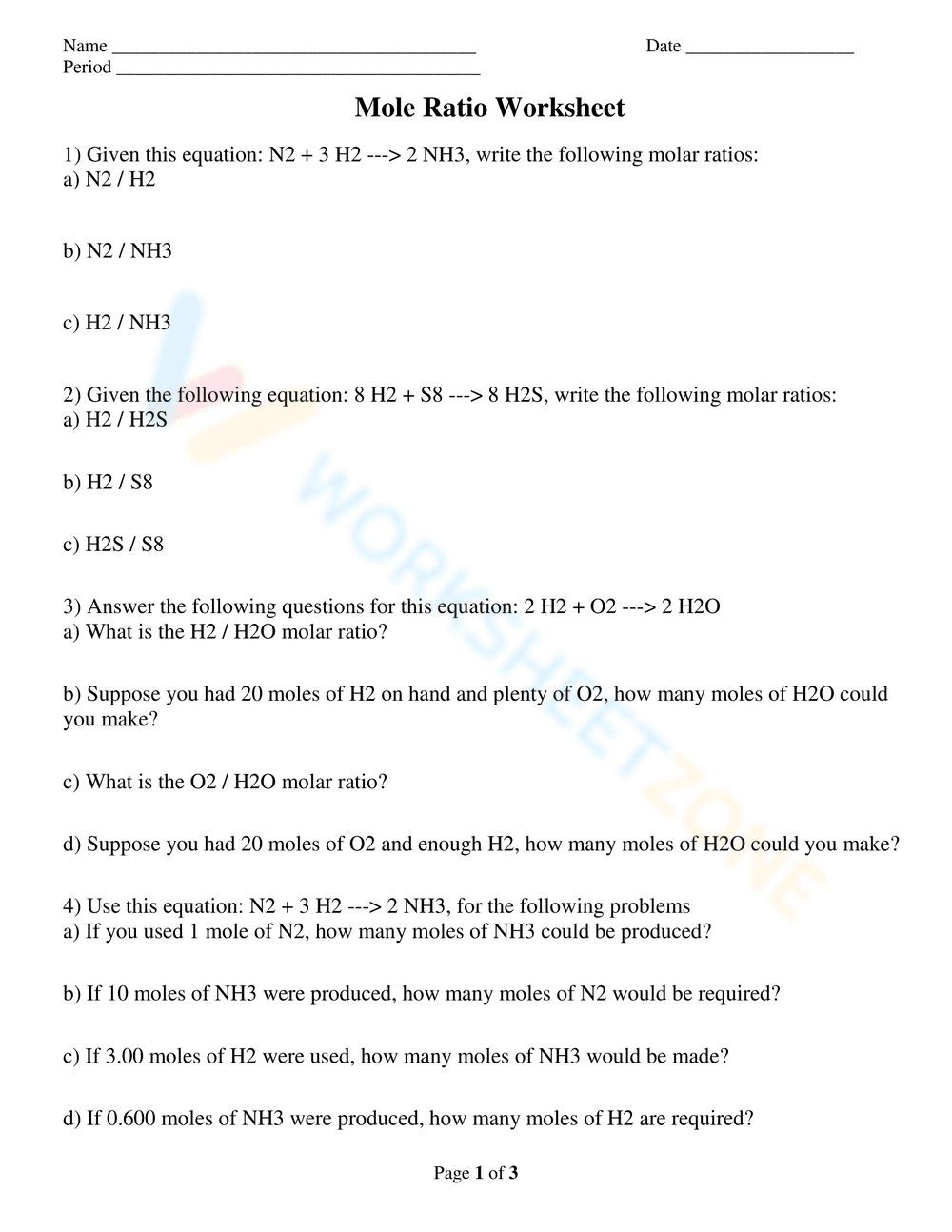 Practice Mole Ratio Calculations - Page 1