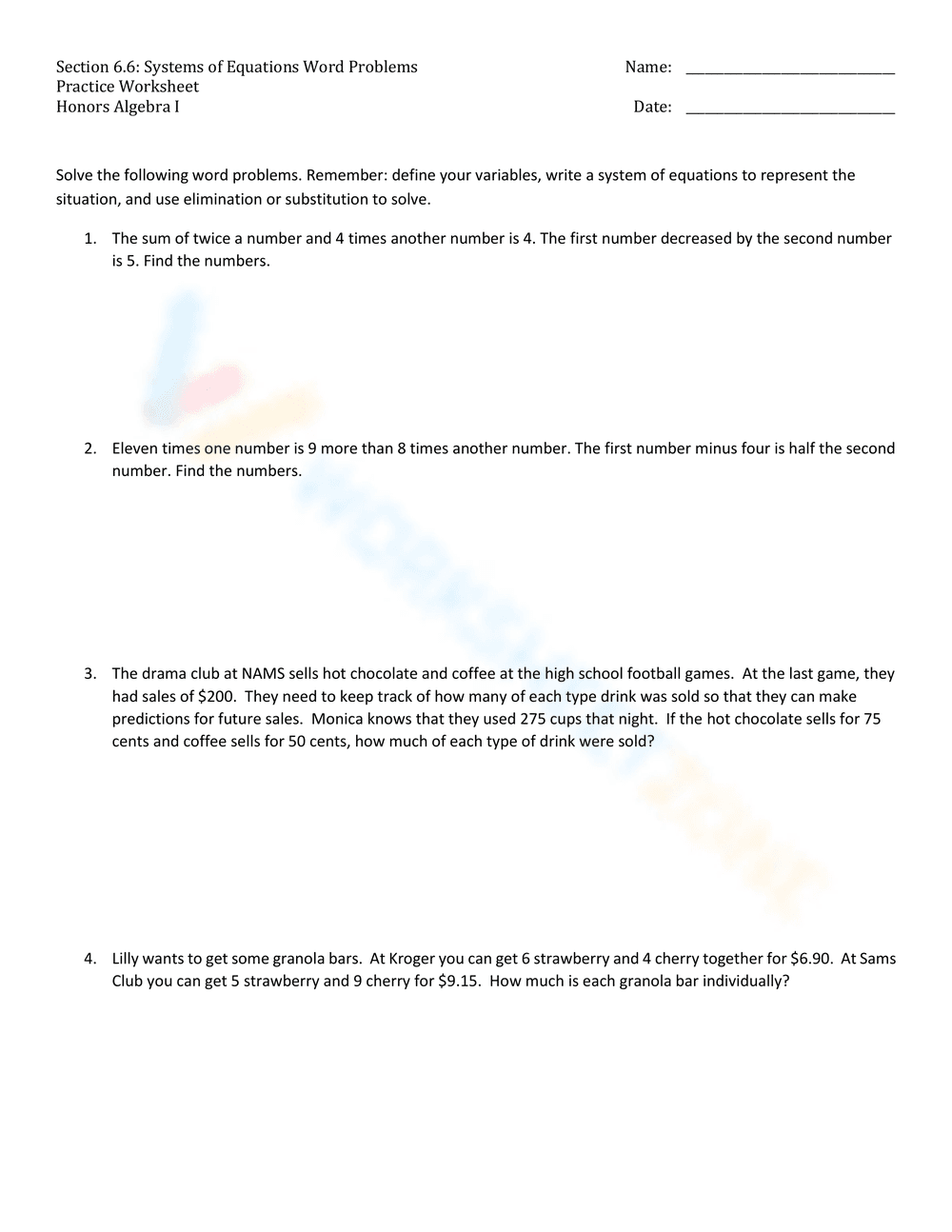 Systems of Equations Word Problems - Page 1