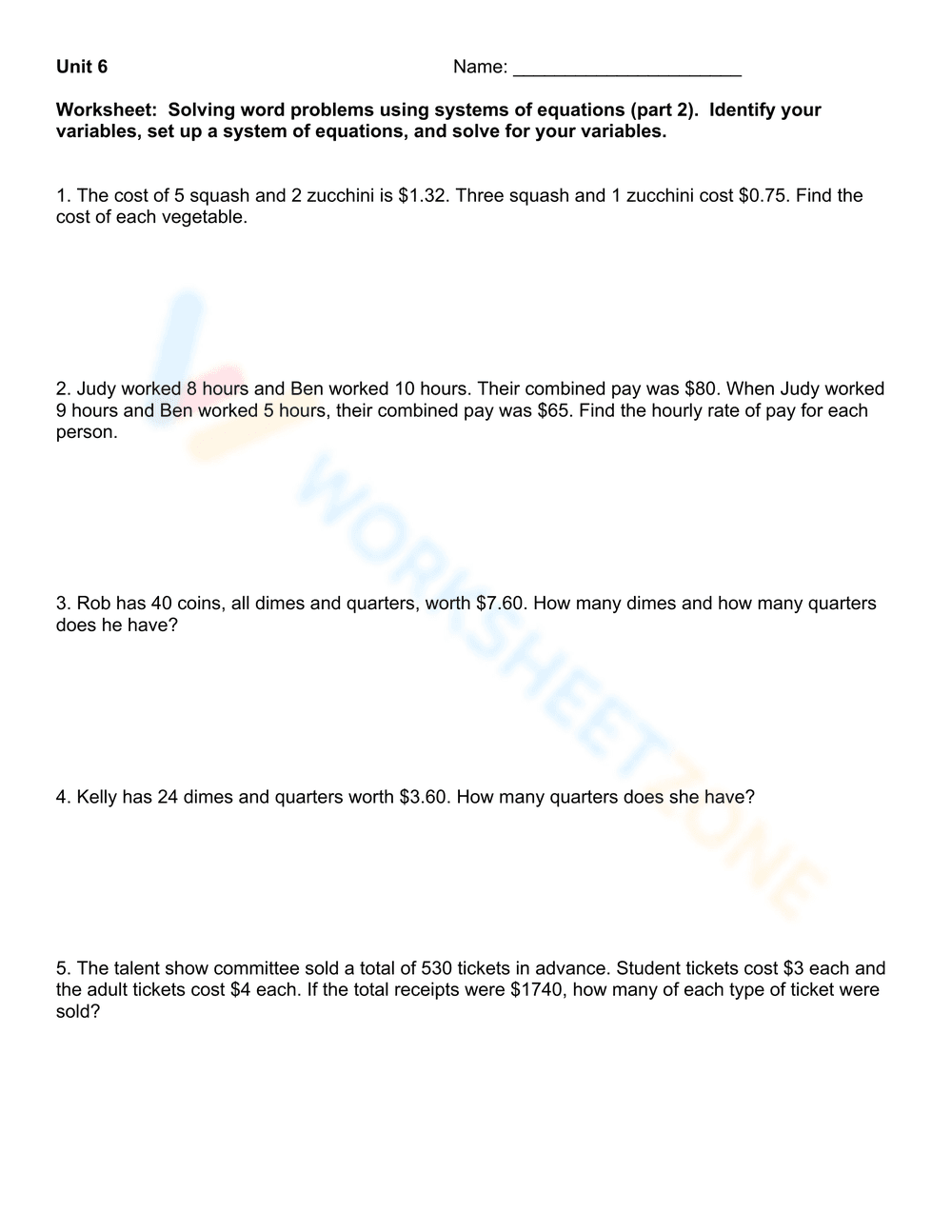 Solving Systems of Equations Word Problems - Page 1