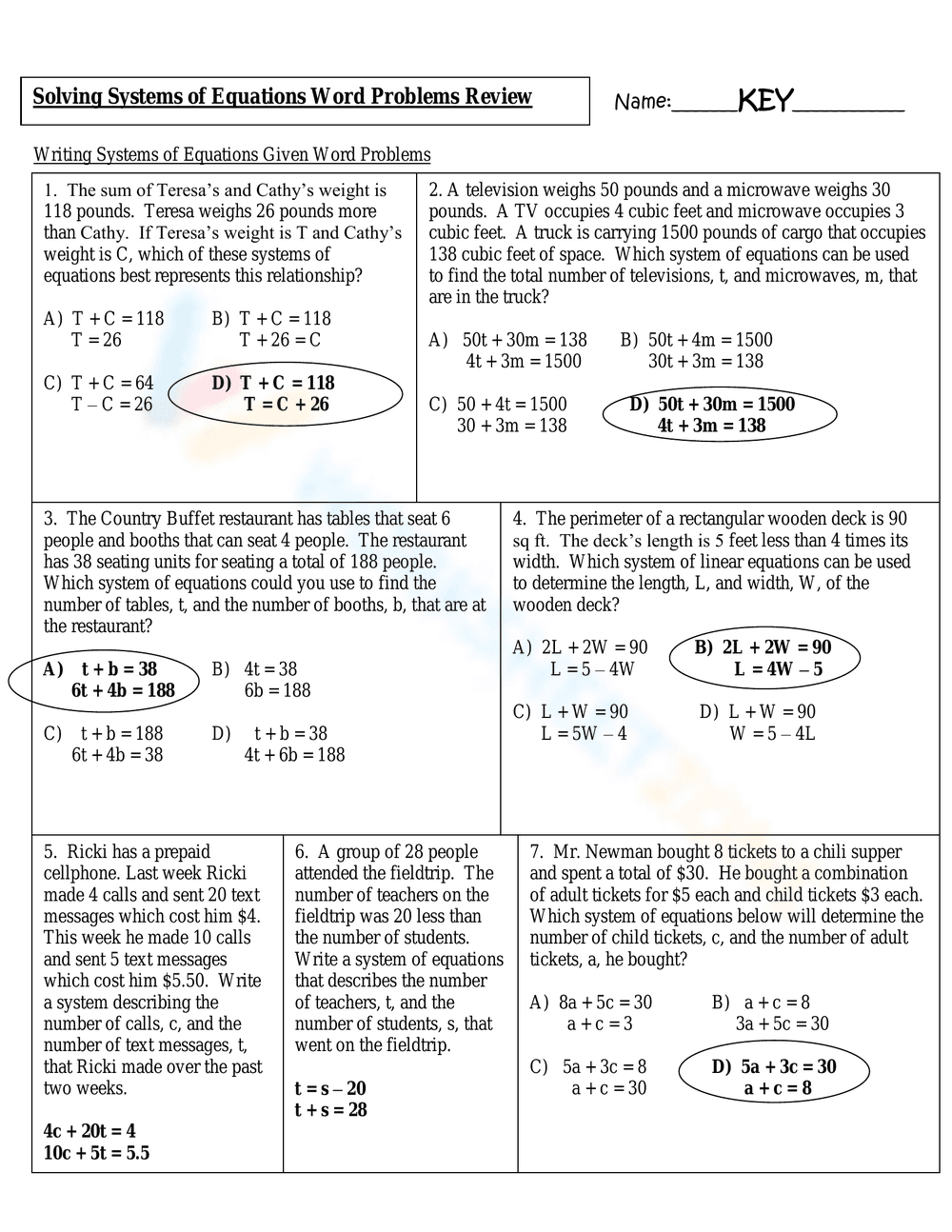 Review: Systems of Equations Word Problems - Page 1
