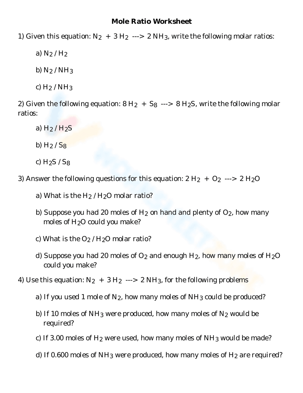 Mole Ratio Practice Worksheet - Page 1