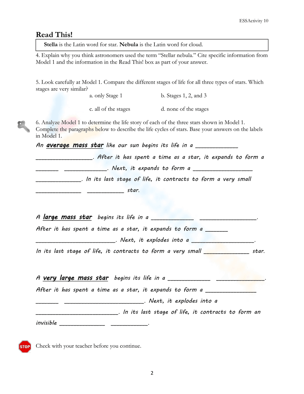 Study the Life Cycles of Stars Worksheet - Page 1