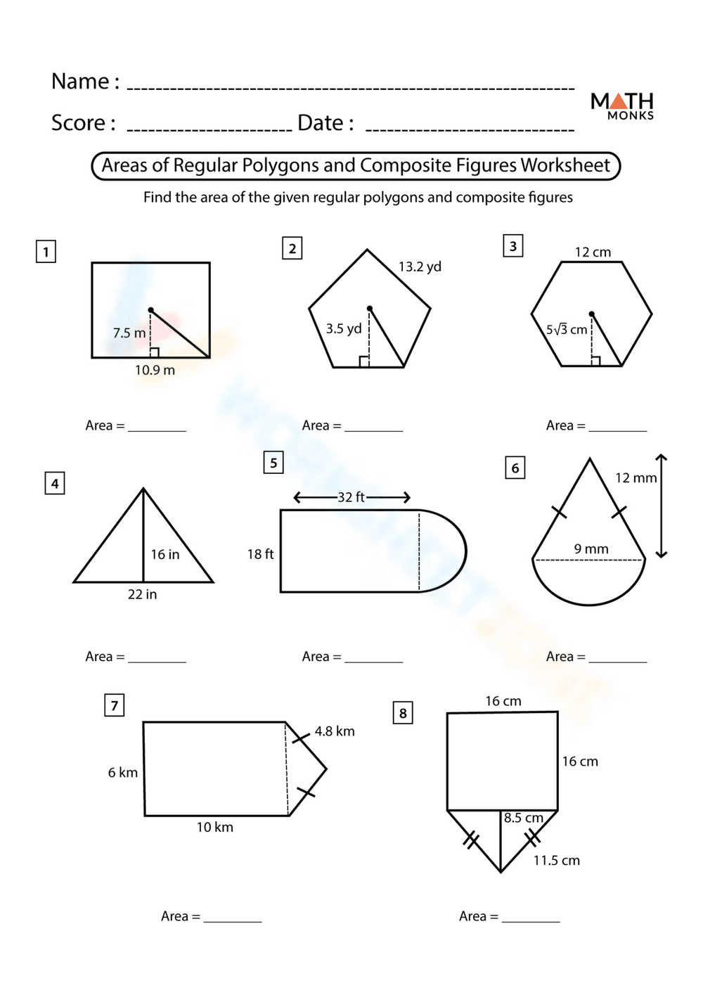 Areas of Polygons: Geometry Worksheet - Page 1
