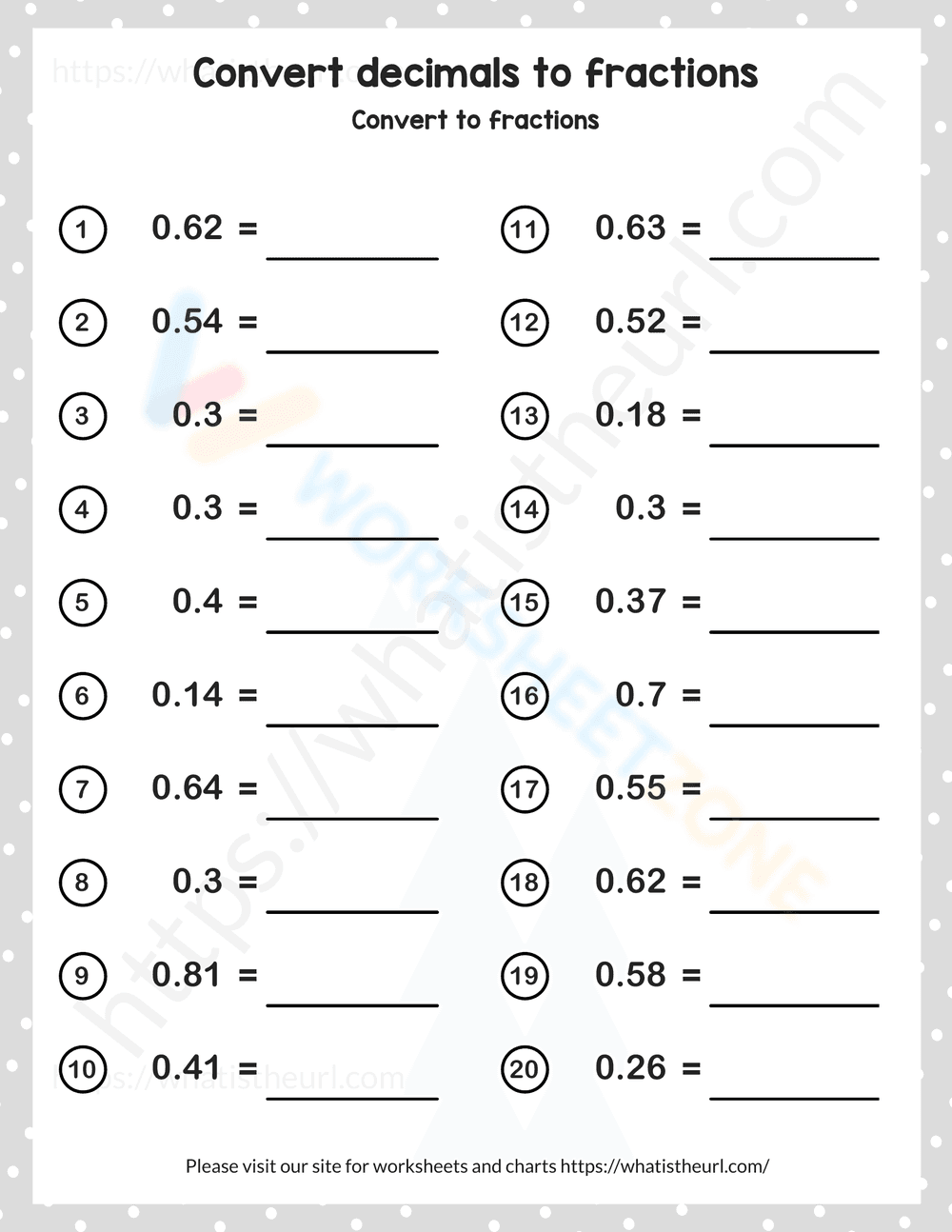 Convert Decimals to Fractions Conversion Practice - Page 1