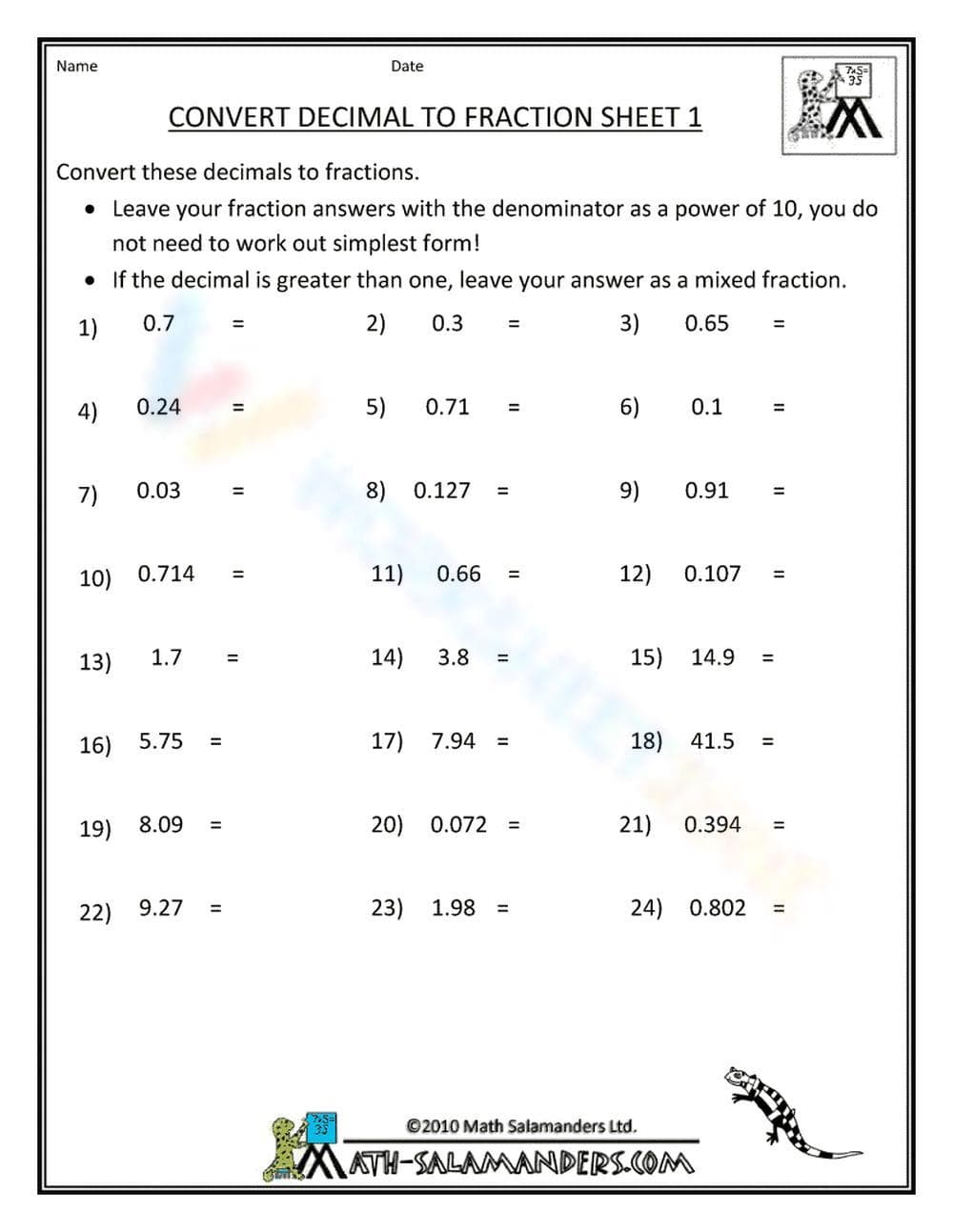 Converting Decimals to Fractions Worksheet - Page 1