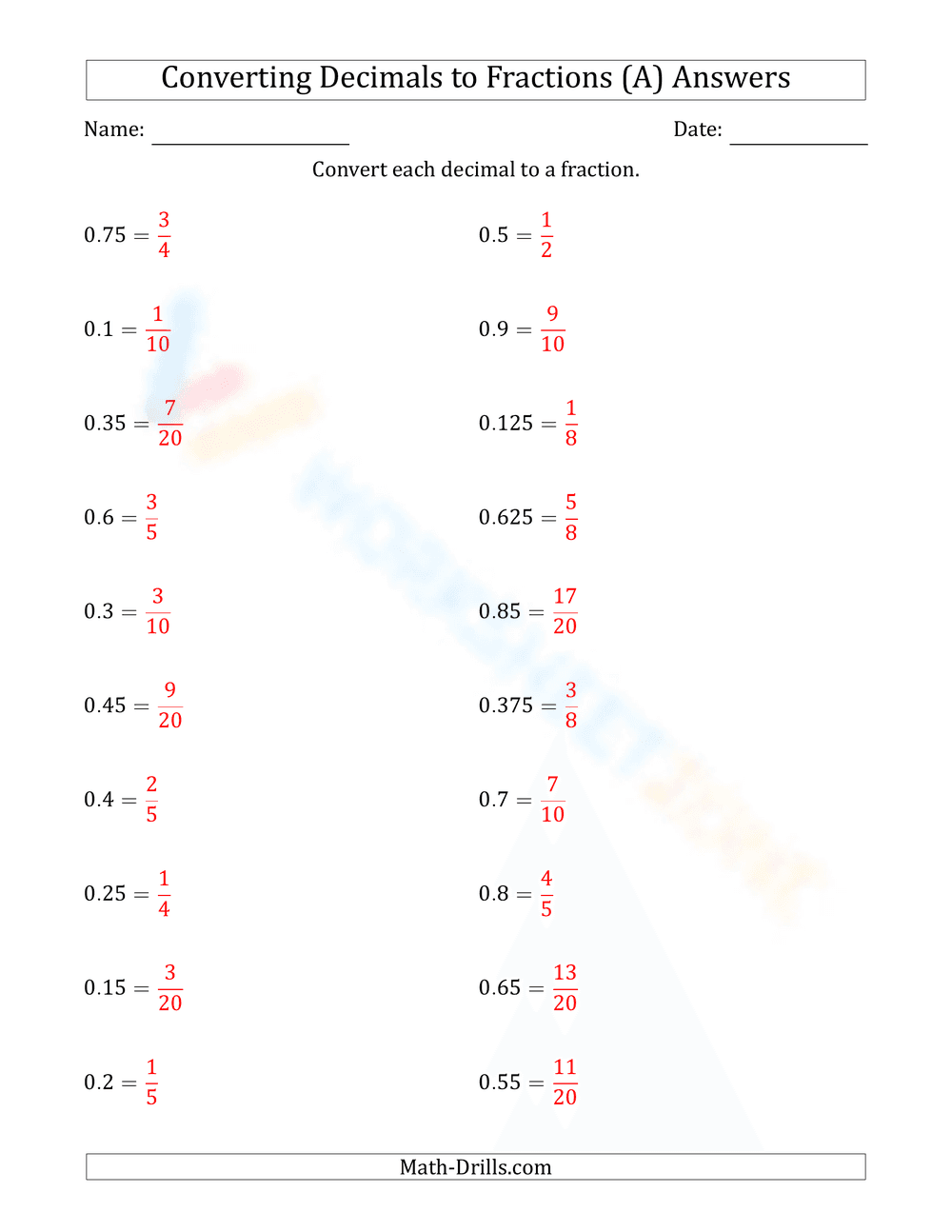 Converting Decimals to Fractions - Page 2