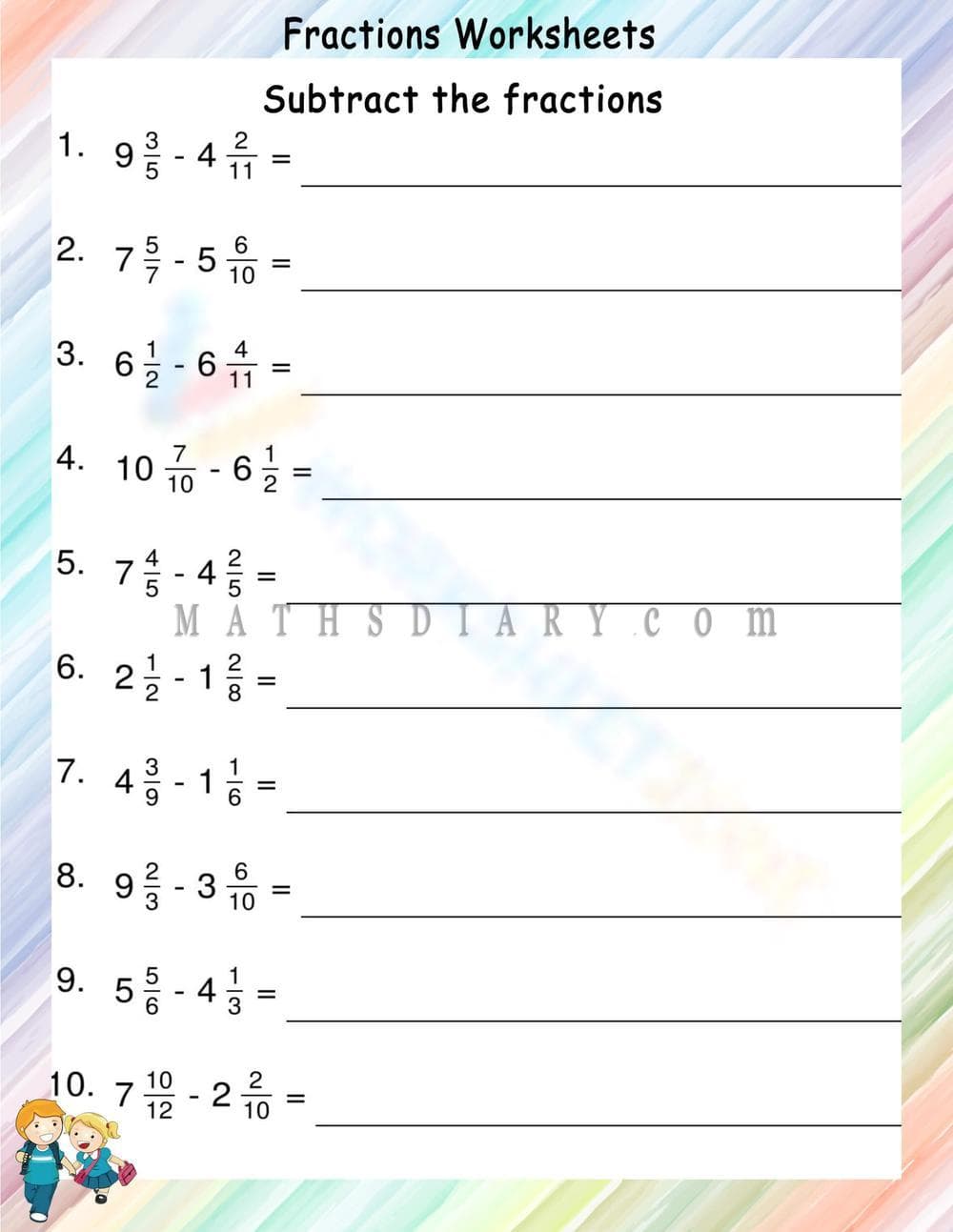 Subtracting Mixed Numbers and Fractions - Page 1
