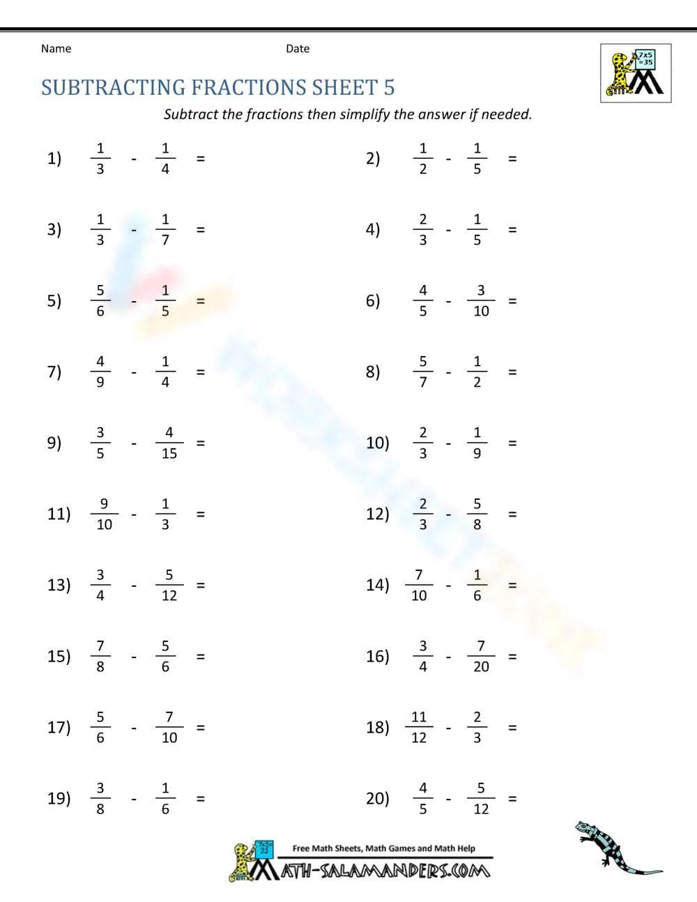 Subtracting Fractions Practice - Page 1