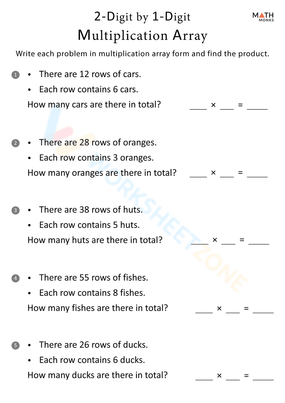 2-Digit by 1-Digit Multiplication Using Arrays - Page 1