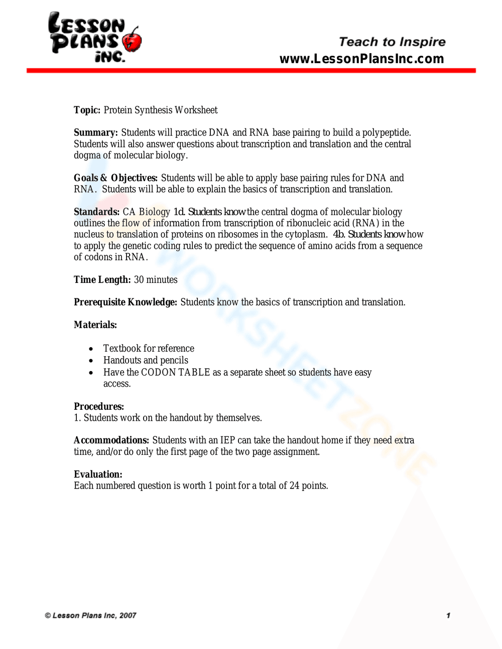 Protein Synthesis Worksheet: Understanding the Process - Page 1