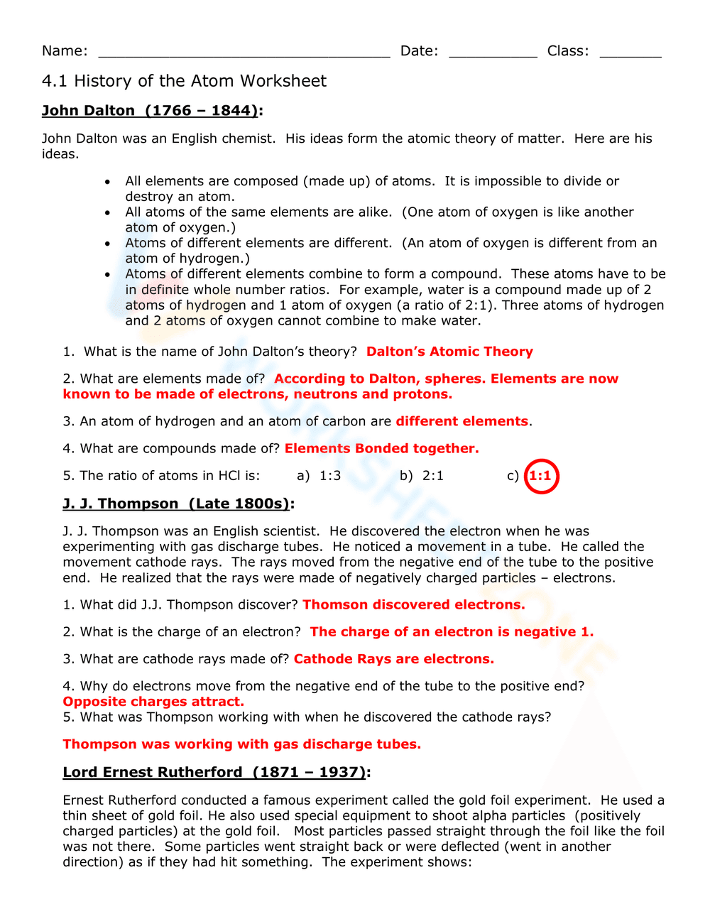 History of the Atom Worksheet: Updated Atomic Theory - Page 1