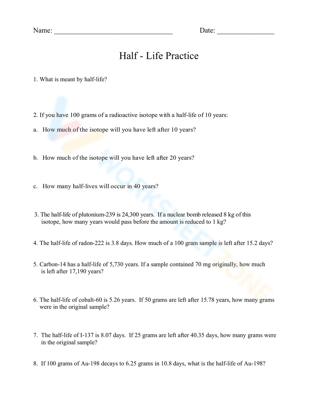 Half-Life Practice Problems - Page 1