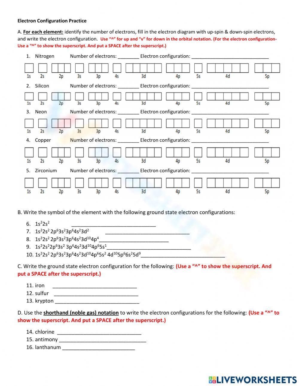 Electron Configuration Practice Worksheet: Chemistry - Page 1