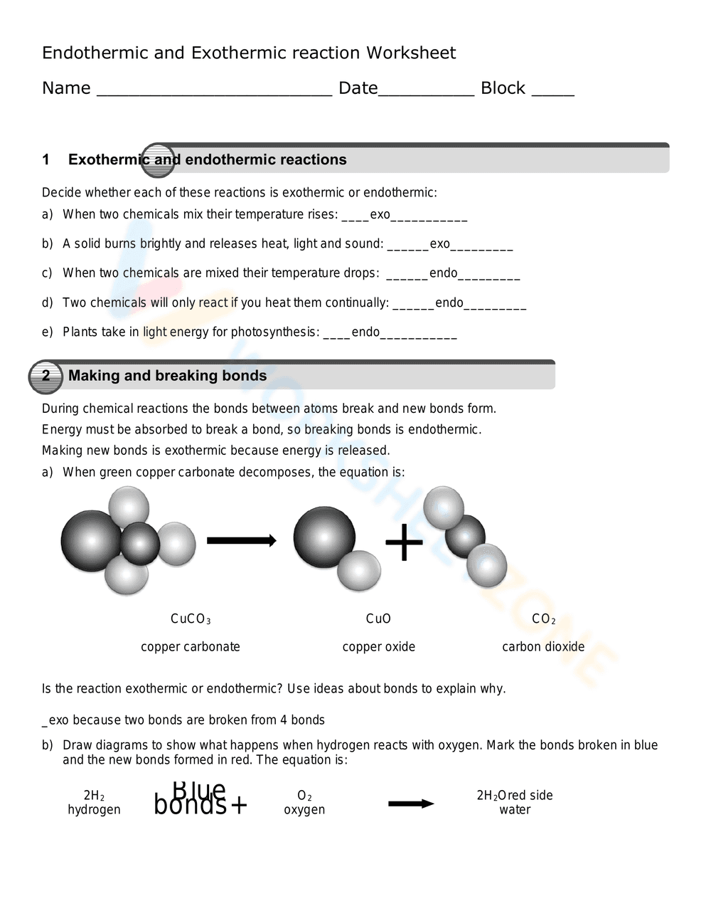 Endothermic and Exothermic Worksheet 1: Chemistry - Page 1