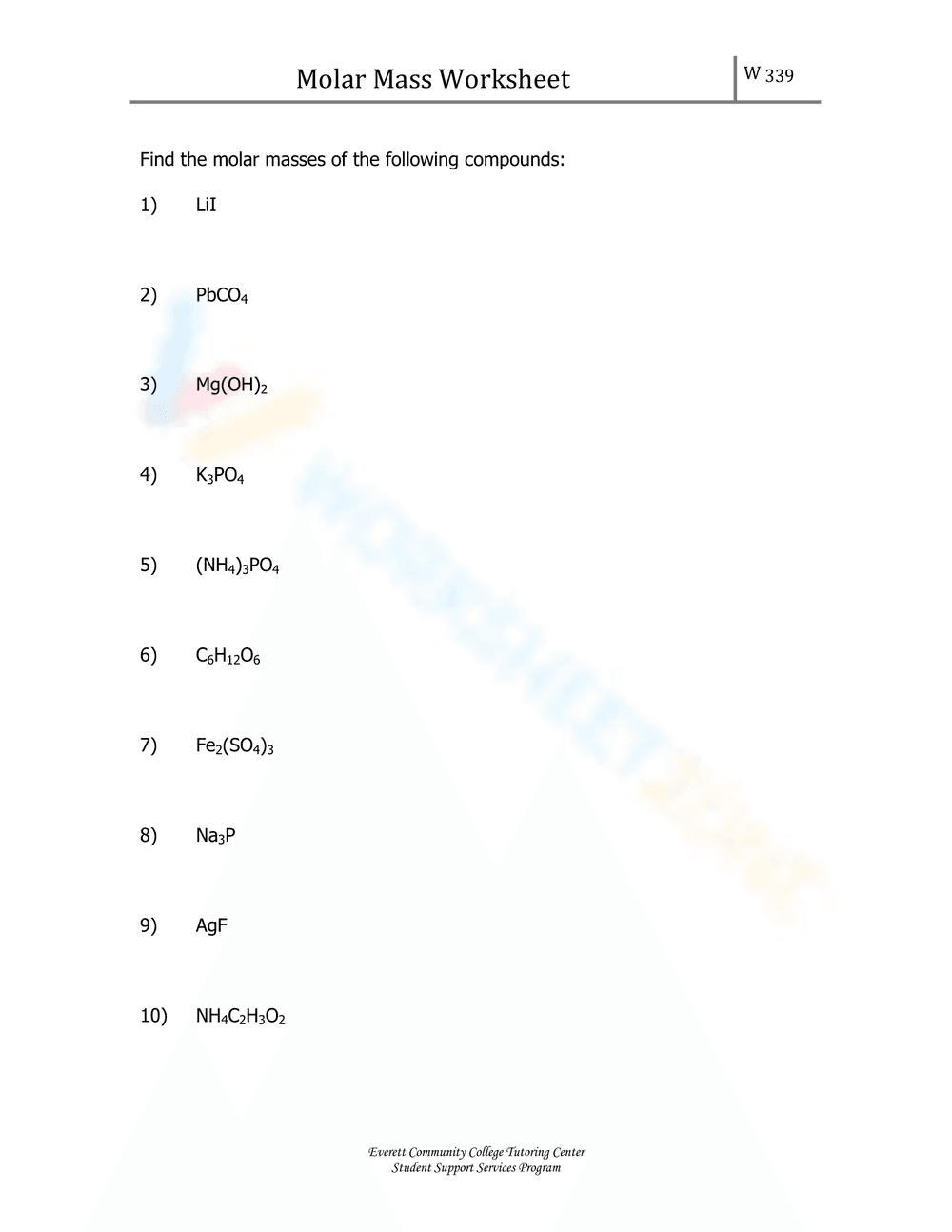 Calculate Molar Mass Worksheet - Page 1