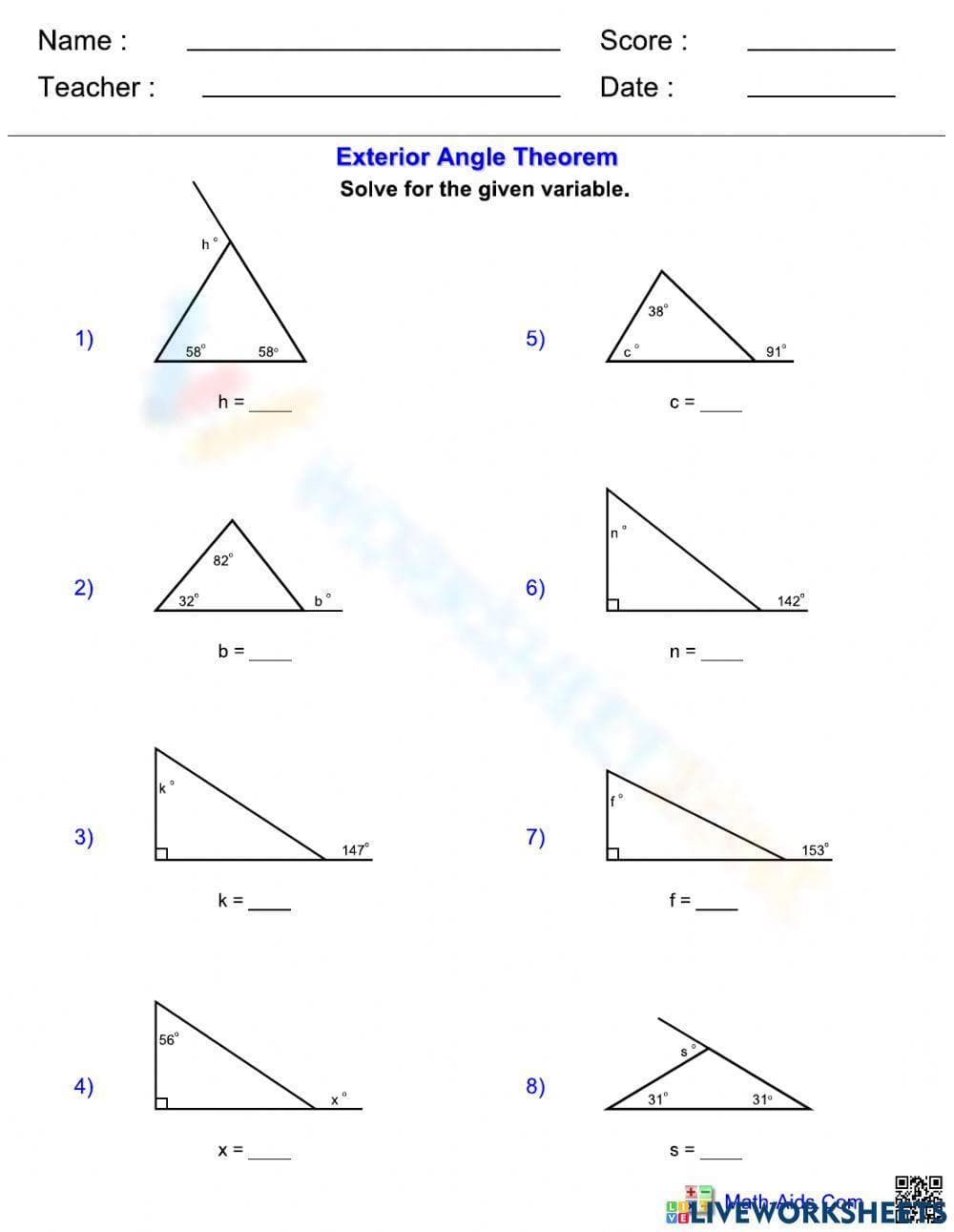 Exterior Angle Theorem Practice - Page 1