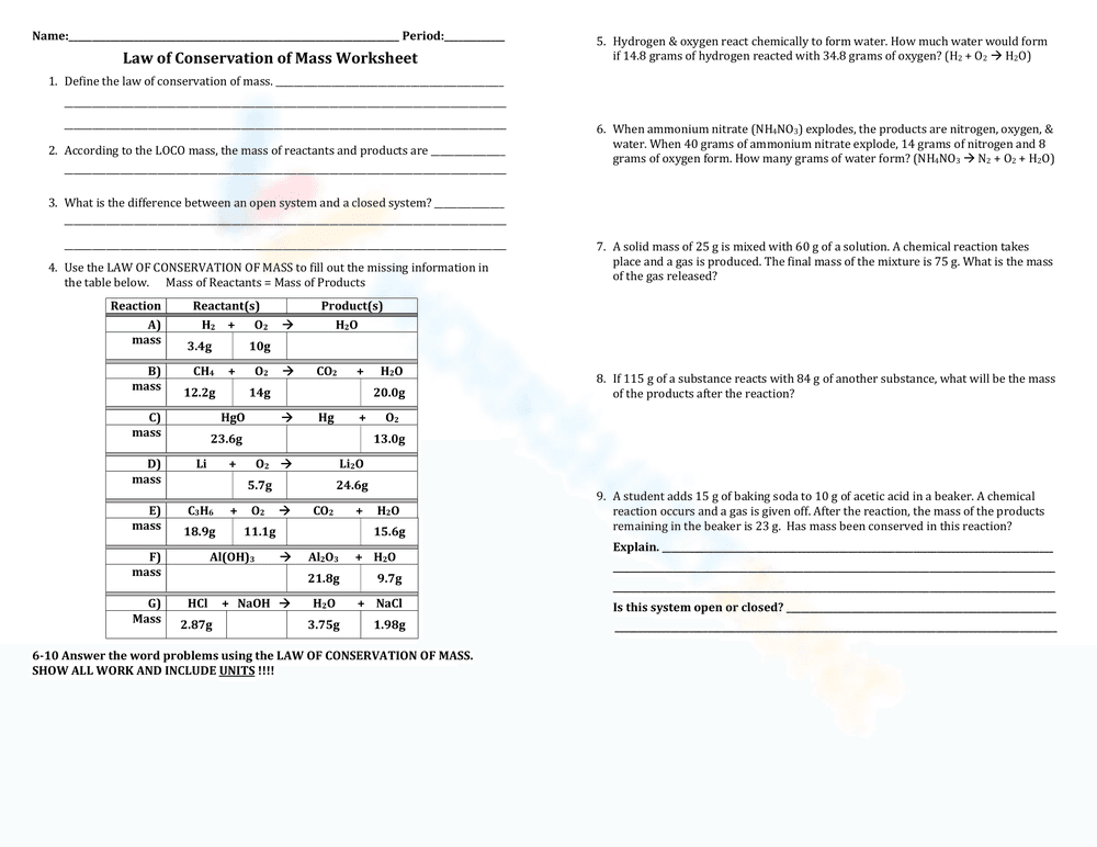 Law of Conservation of Mass Worksheet - Page 1