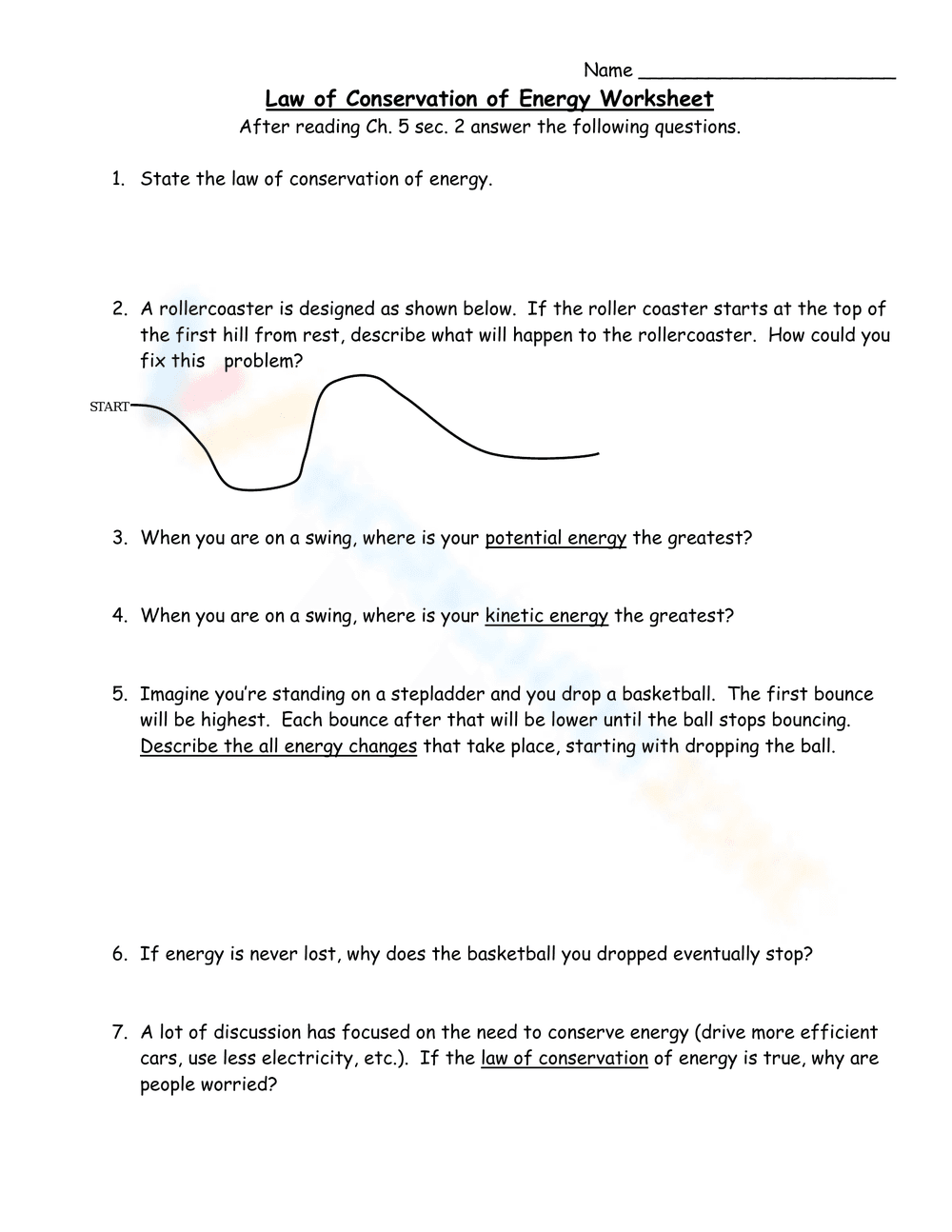 Law of Conservation of Energy Worksheet - Page 1
