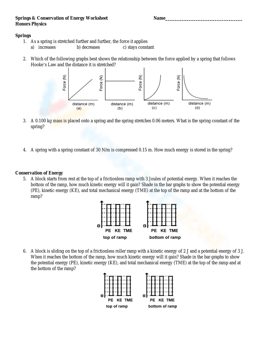 Springs Conservation of Energy Worksheet - Page 1