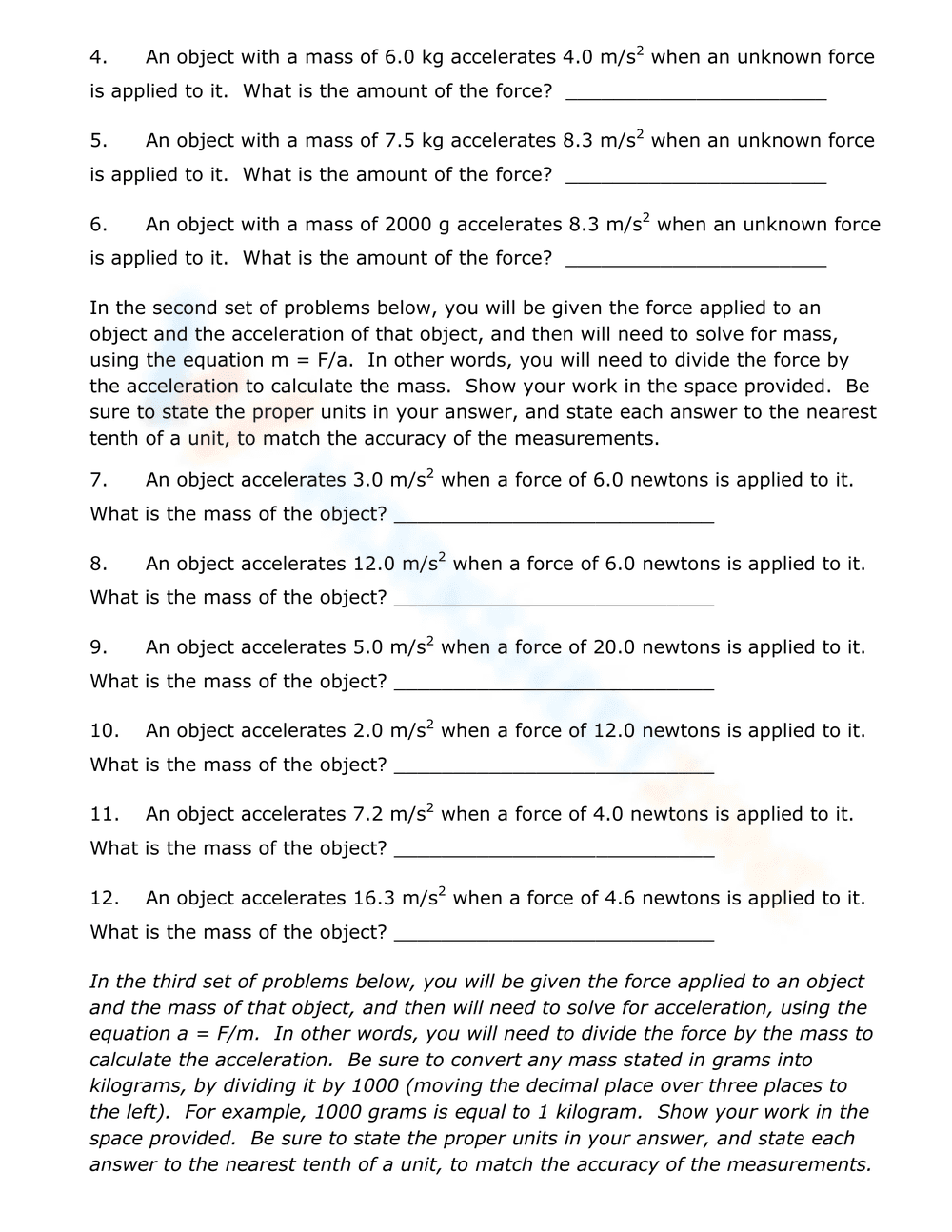 Newton’s Second Law of Motion Problems Worksheet - Page 1