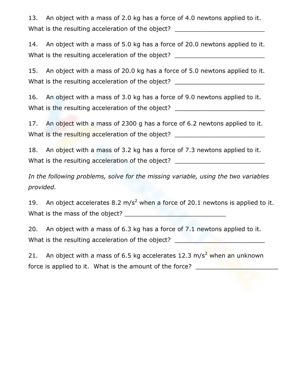 Newton’s Second Law of Motion Problems Worksheet - Page 2