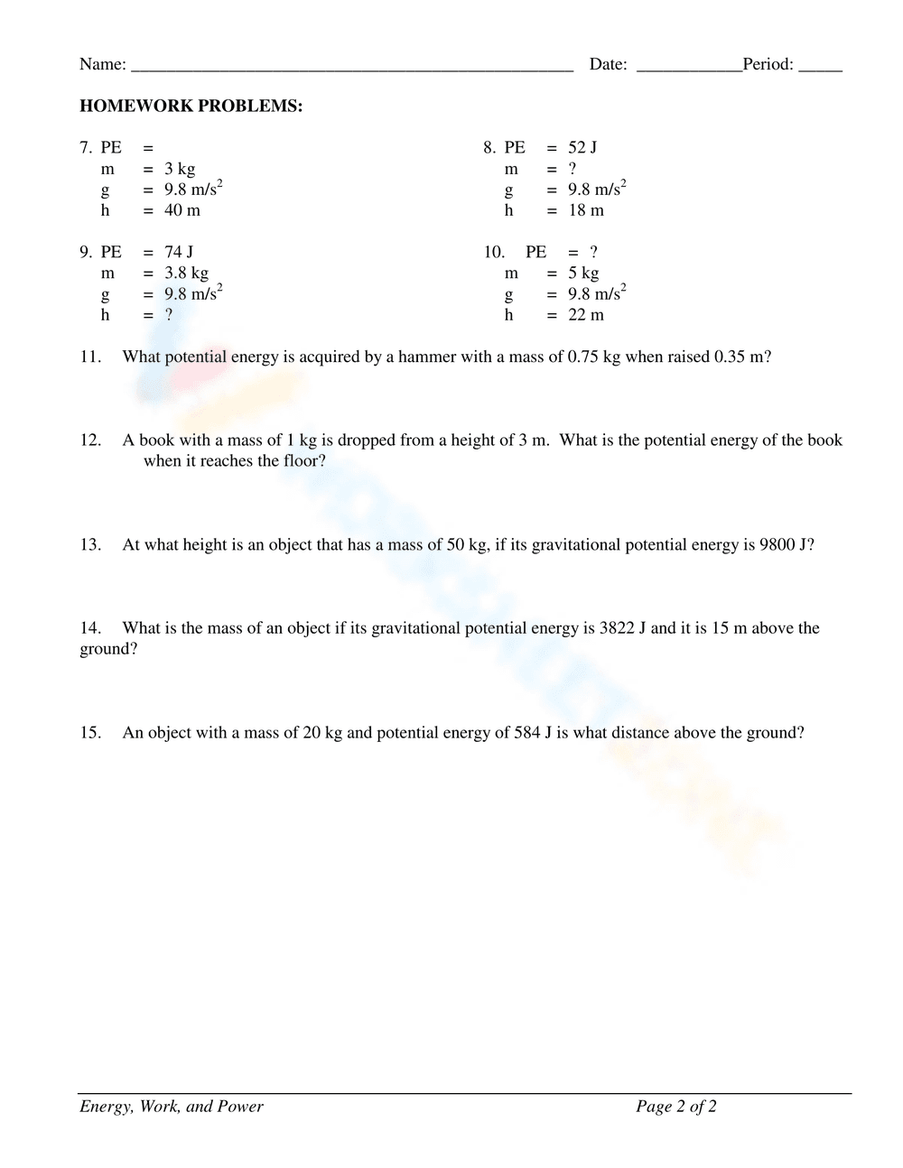 Kinetic and Potential Energy Problems Worksheet - Page 3