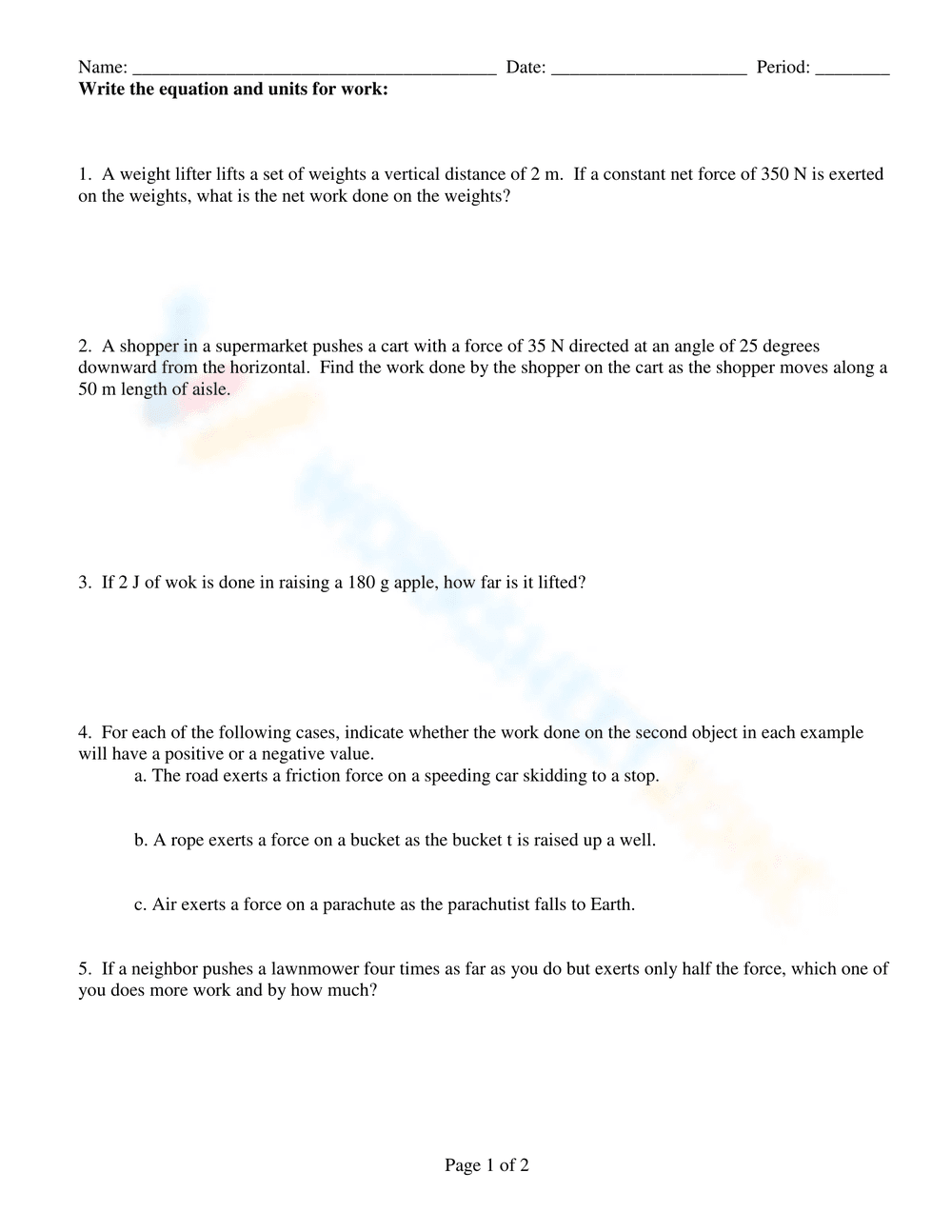 Kinetic and Potential Energy Problems Worksheet - Page 4