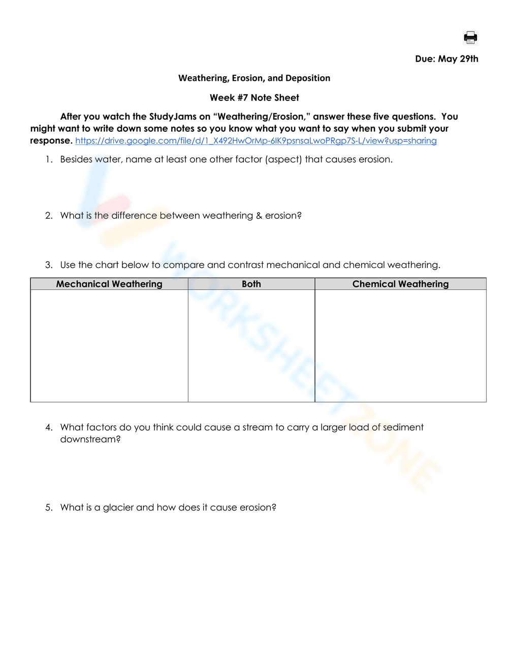 Weathering, Erosion, and Deposition Worksheet - Page 1