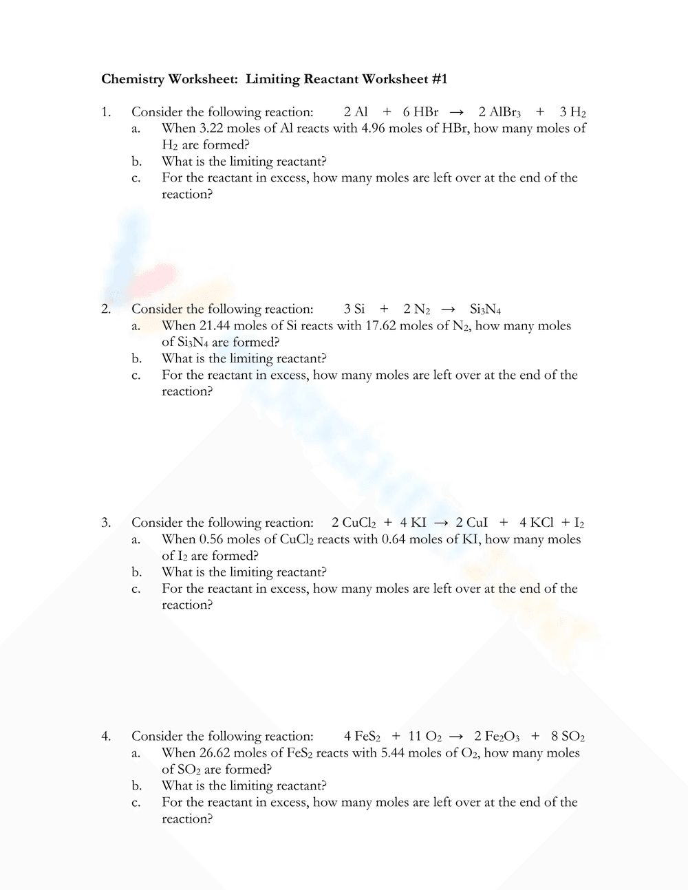 Limiting Reactant Worksheet - Page 1