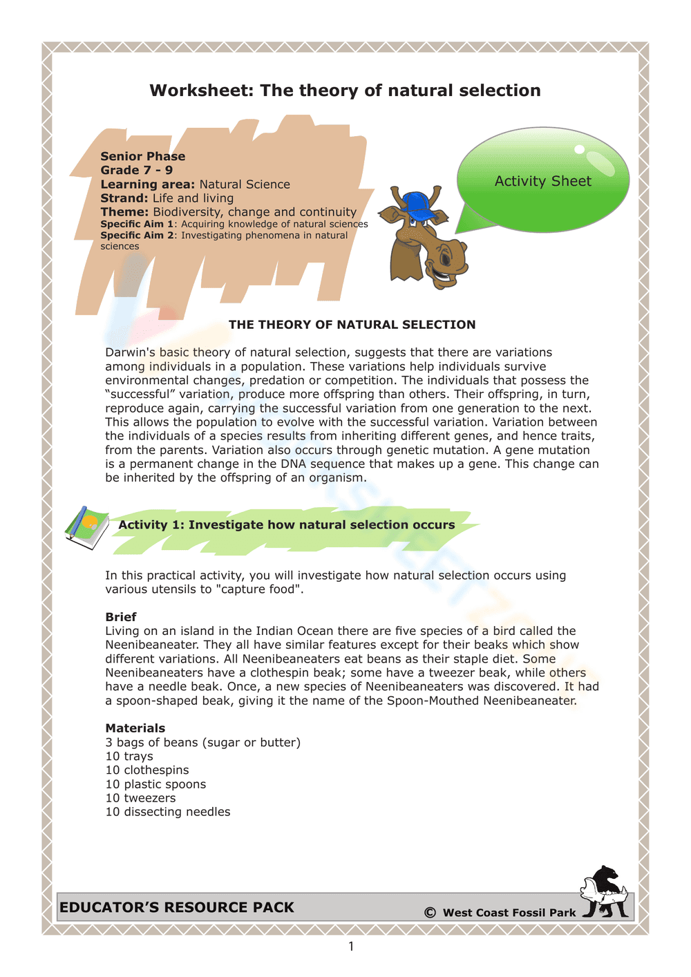 Worksheet: The theory of natural selection - Page 1