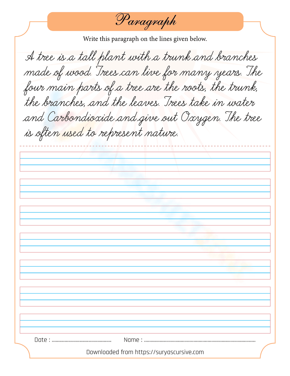 Cursive Writing Practice: Tree Paragraph - Page 1