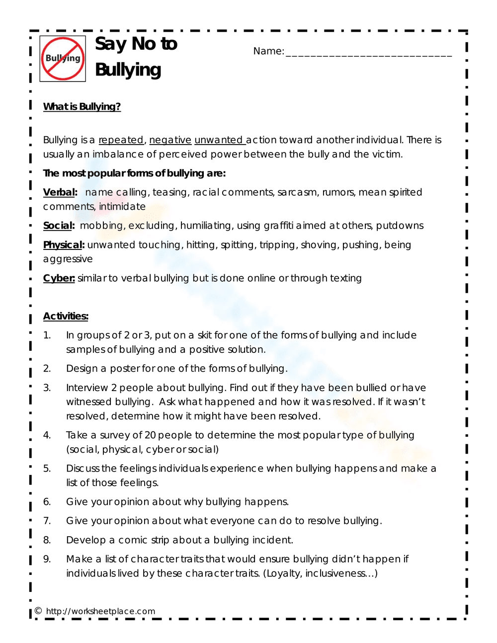 Say No to Bullying: A Worksheet on Bullying Prevention - Page 1