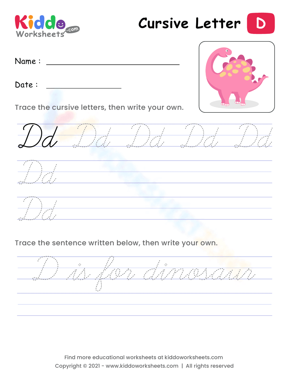 Cursive Letter D Practice Sheet - Page 1