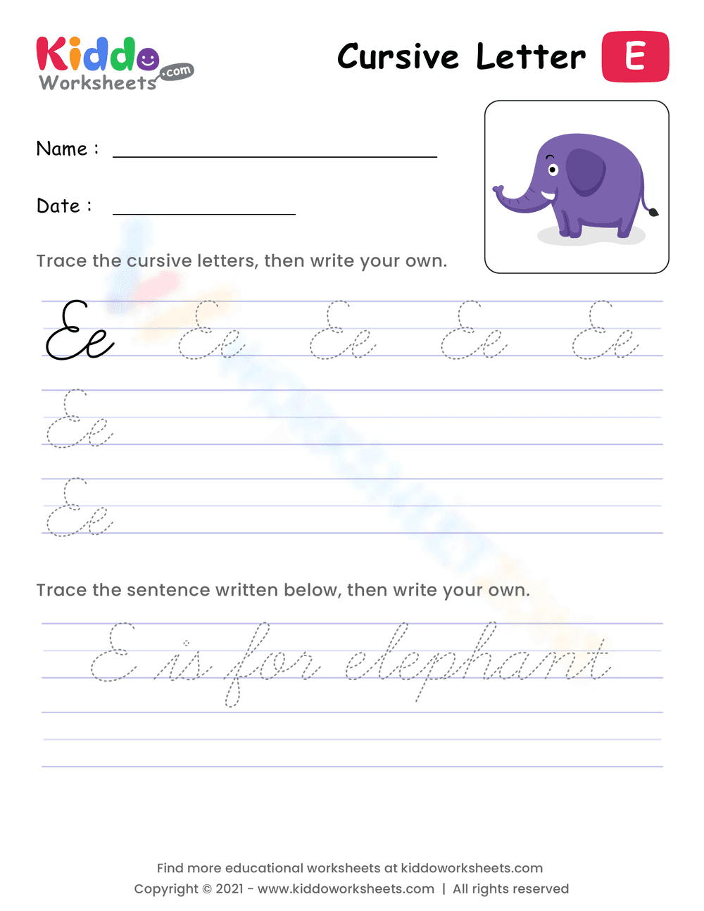 Cursive Letter E Practice: Handwriting Skills - Page 1