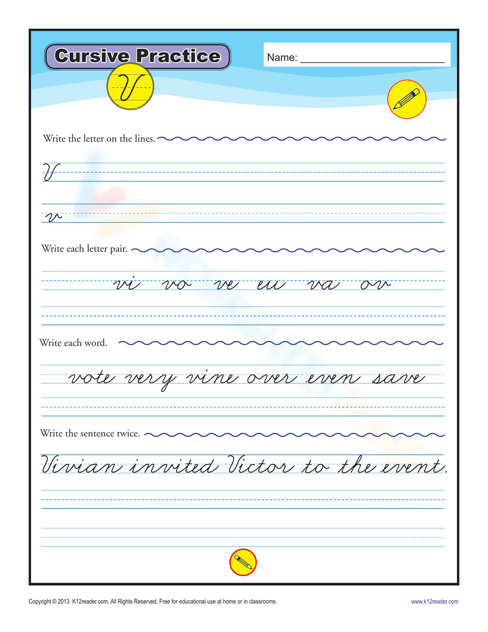 Practice Cursive Letter V Handwriting Worksheet - Page 1